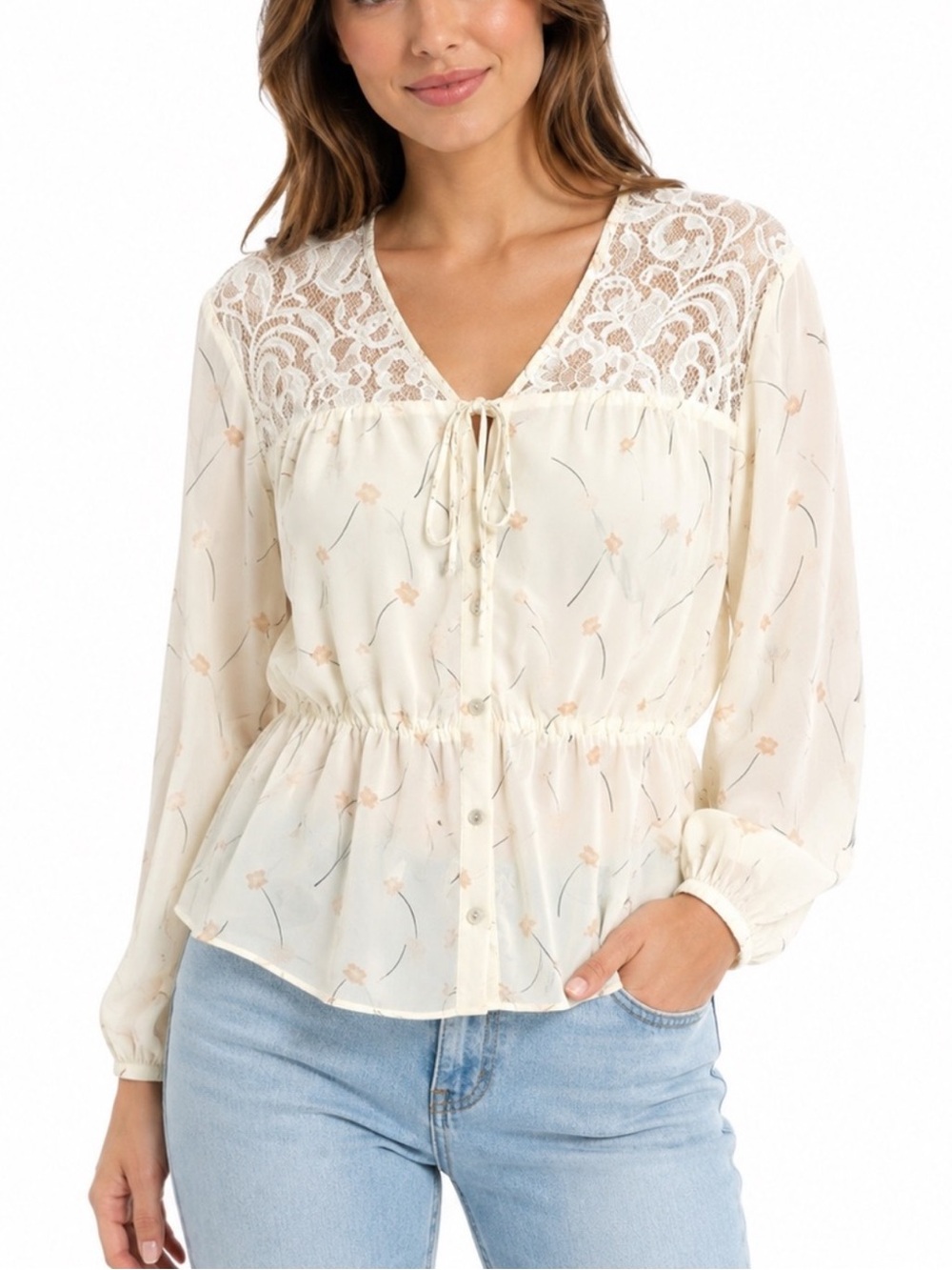Pink Martini Cream Lace Yoke Floral Tie-Neck Peplum Blouse